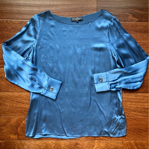Salvatore Ferragamo Women’s Blue Silk Blouse Top Shirt 44 Size 12 Large Italian - Picture 1 of 16